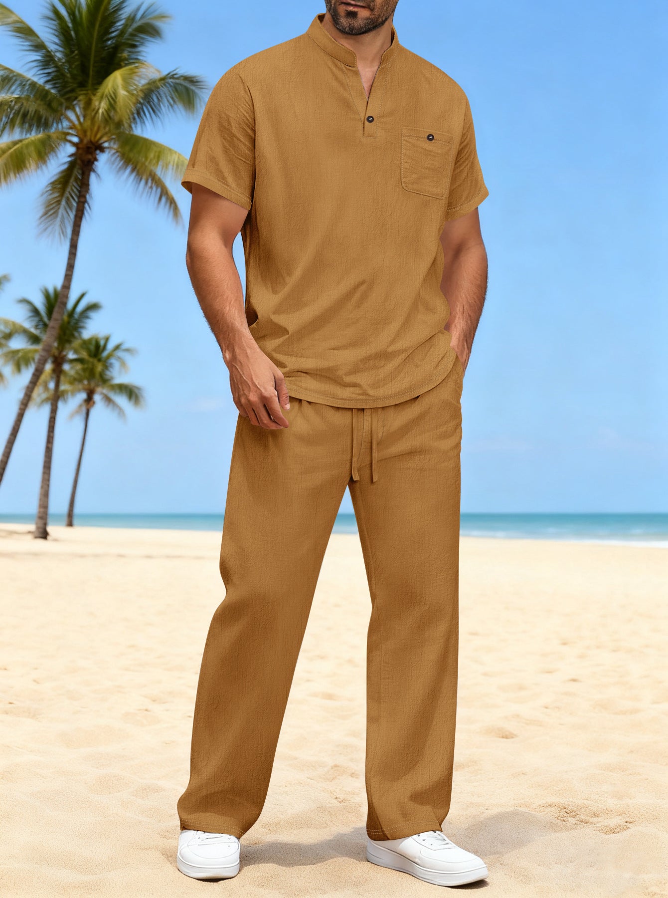 Cotton And Linen Summer Men's Solid Color Casual T-shirt Short Sleeve Shirt