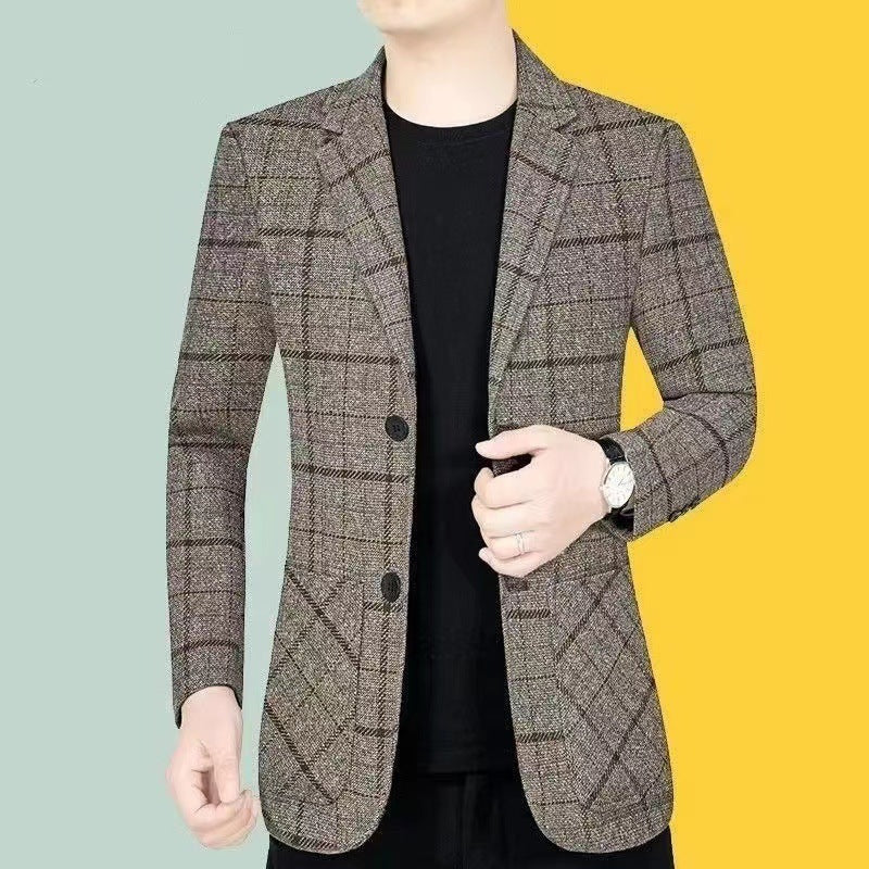 Business Casual Suit Coat Men's Spring And Autumn Middle-aged Men's Plaid Suit