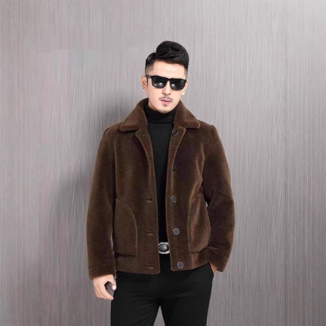 Double-sided Wear Polo Collar Jacket Men's Fur One-piece Velvet Padded Coat
