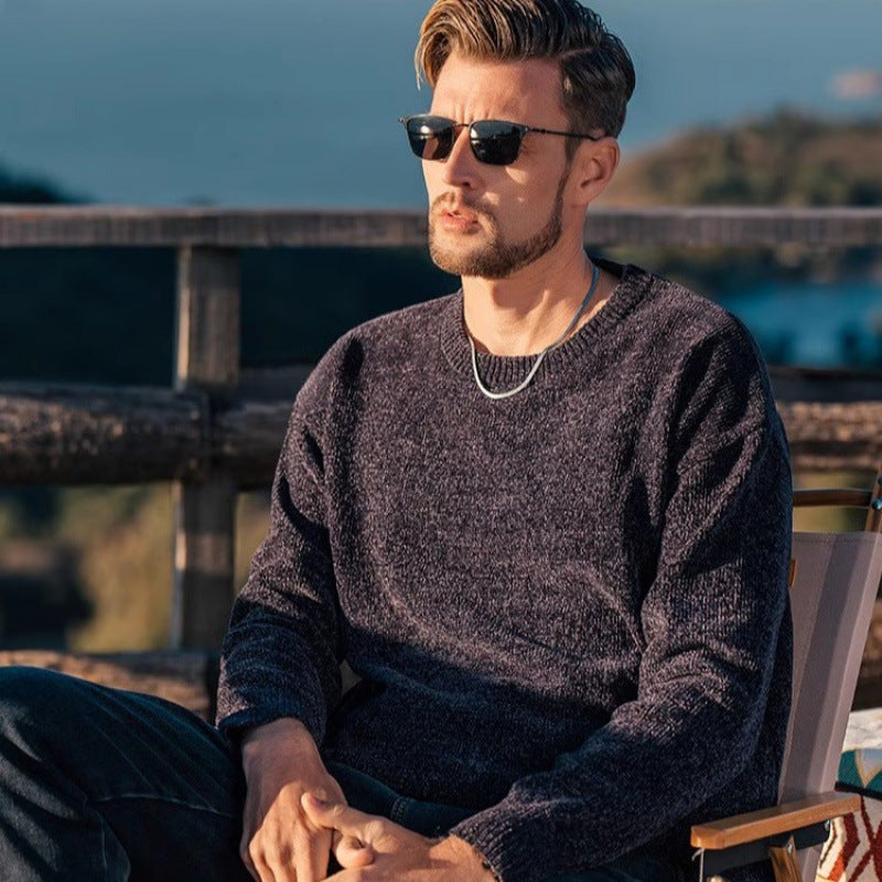 Men's Single-layer Fleece-lined Round Neck Pullover Sweater