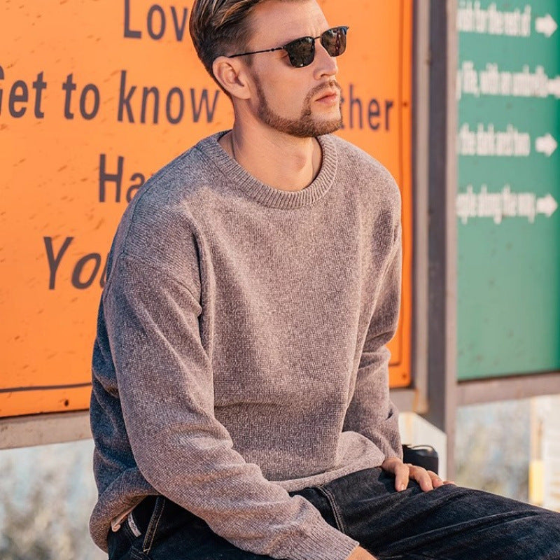 Men's Single-layer Fleece-lined Round Neck Pullover Sweater