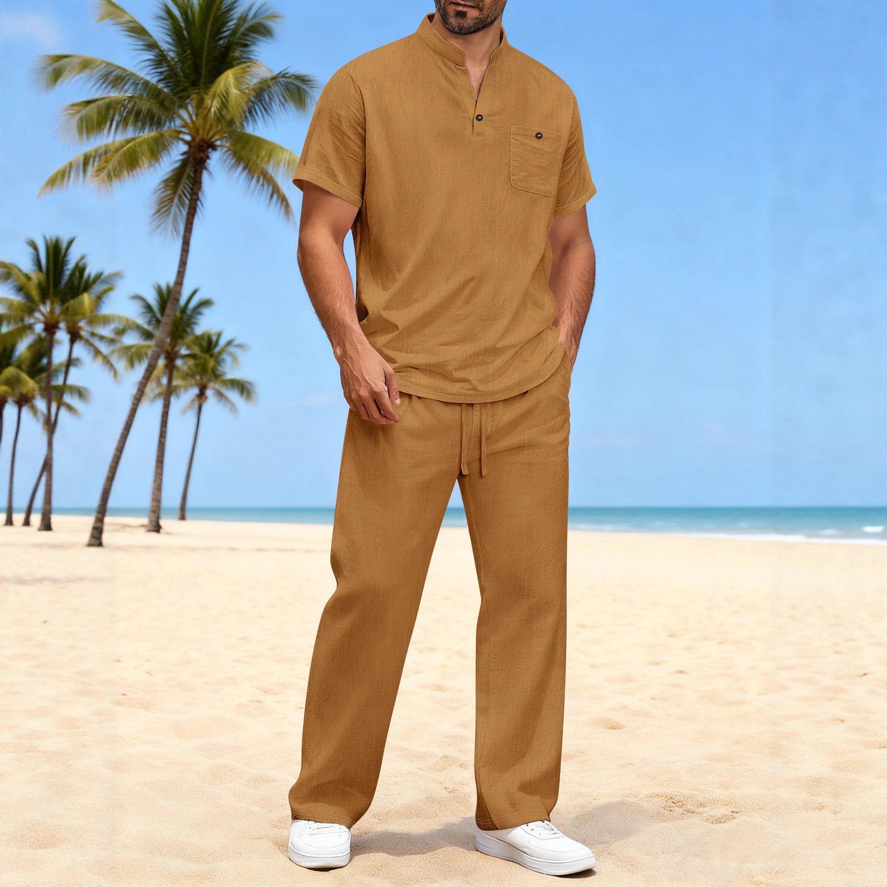 Cotton And Linen Summer Men's Solid Color Casual T-shirt Short Sleeve Shirt