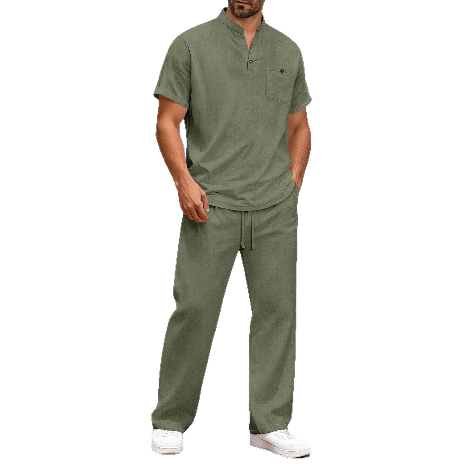 Cotton And Linen Summer Men's Solid Color Casual T-shirt Short Sleeve Shirt