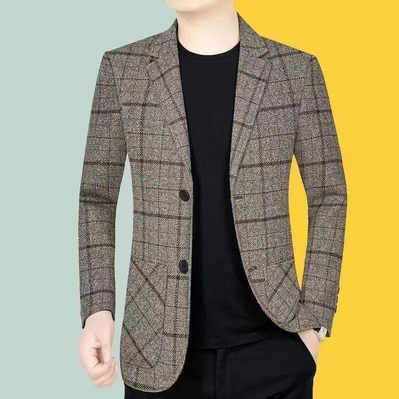 Business Casual Suit Coat Men's Spring And Autumn Middle-aged Men's Plaid Suit
