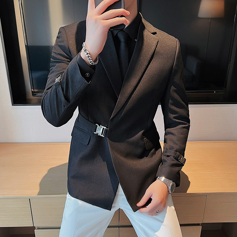 Men's New Personalized Ruan Handsome Casual Suit Top Texture Trendy Buckle Design British Style Suit Coat