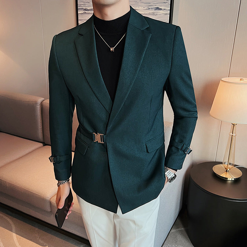 Men's New Personalized Ruan Handsome Casual Suit Top Texture Trendy Buckle Design British Style Suit Coat