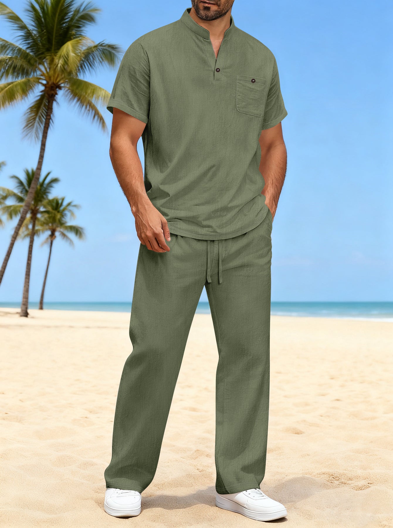 Cotton And Linen Summer Men's Solid Color Casual T-shirt Short Sleeve Shirt